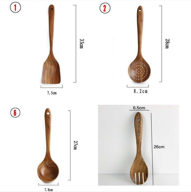 Set de Utensilios de Madera Natural de Teca (Cucharas, Espátula y Colador) - CasaNova