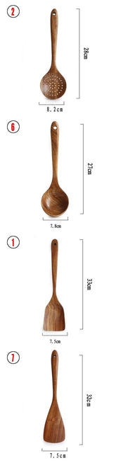Set de Utensilios de Madera Natural de Teca (Cucharas, Espátula y Colador) - CasaNova