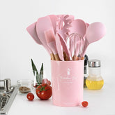 Set de Utensilios de Cocina de Silicón Premium con Mango de Madera ✨ - CasaNova