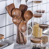 Set de Utensilios de Madera Natural de Teca (Cucharas, Espátula y Colador) - CasaNova