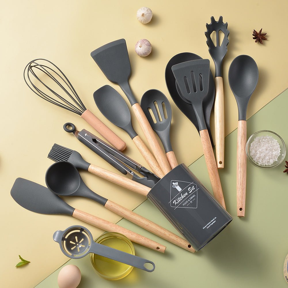 Set de Utensilios de Cocina de Silicón Premium con Mango de Madera ✨ - CasaNova