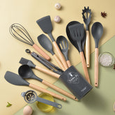 Set de Utensilios de Cocina de Silicón Premium con Mango de Madera ✨ - CasaNova