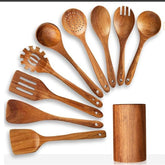 Set de Utensilios de Madera Natural de Teca (Cucharas, Espátula y Colador) - CasaNova