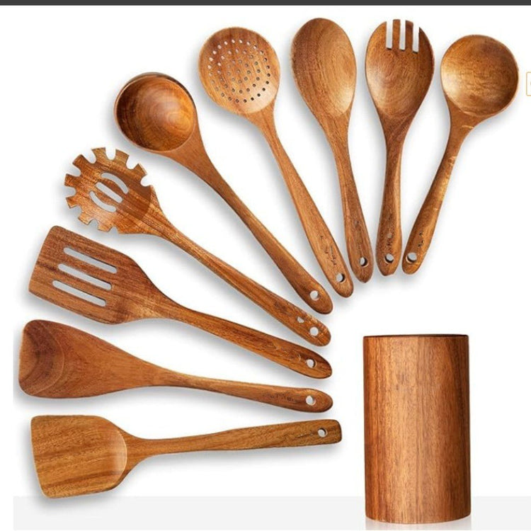 Set de Utensilios de Madera Natural de Teca (Cucharas, Espátula y Colador) - CasaNova